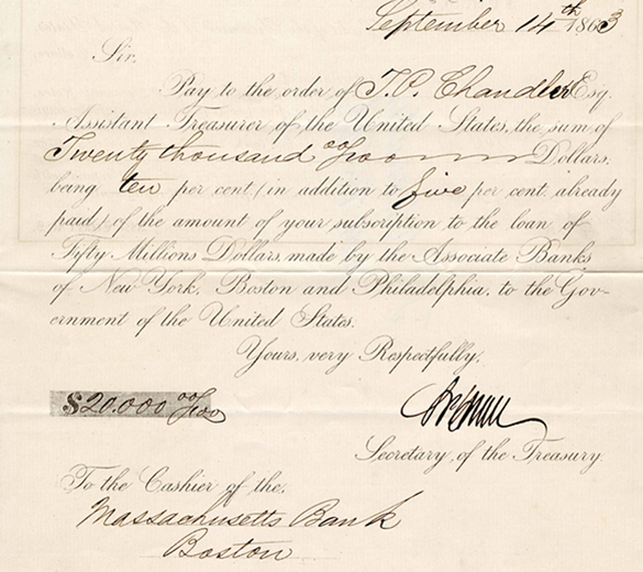 This U.S. Treasury Department document reflects a $20,000 payment made by legacy institution The Massachusetts Bank as part of a larger $50 million bond issue to finance the Civil War.