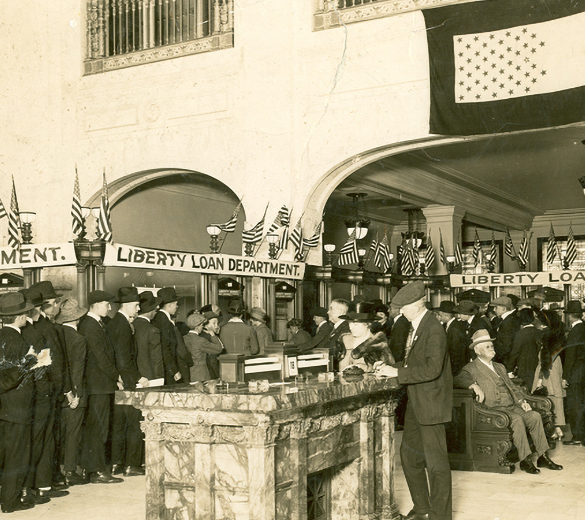 People line up to purchase Liberty Loan bonds at legacy Security Trust and Savings Bank in Los Angeles to help finance America’s participation in World War I